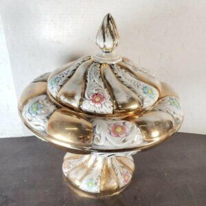Vintage Capodimonte Italy Large Covered Dish 14” Floral Porcelain Gilt